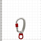 XSRE Swivel Lock Snap Hook in Silver with Red Twist Lock and Red Swivel, Set Against a Checkered Background