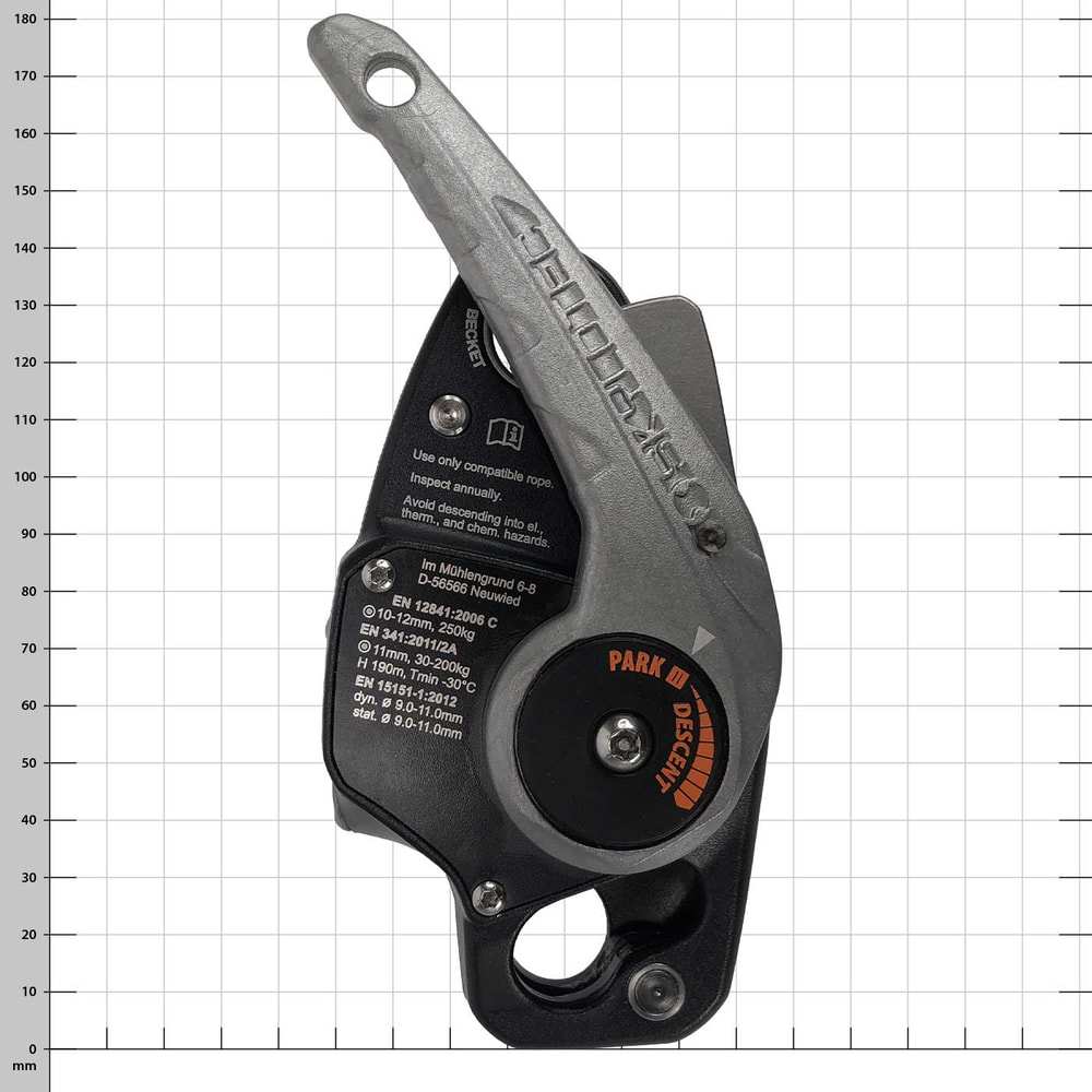Black device with silver lever, orange and black round element with the inscription "Park Descend" and white texts and symbols
