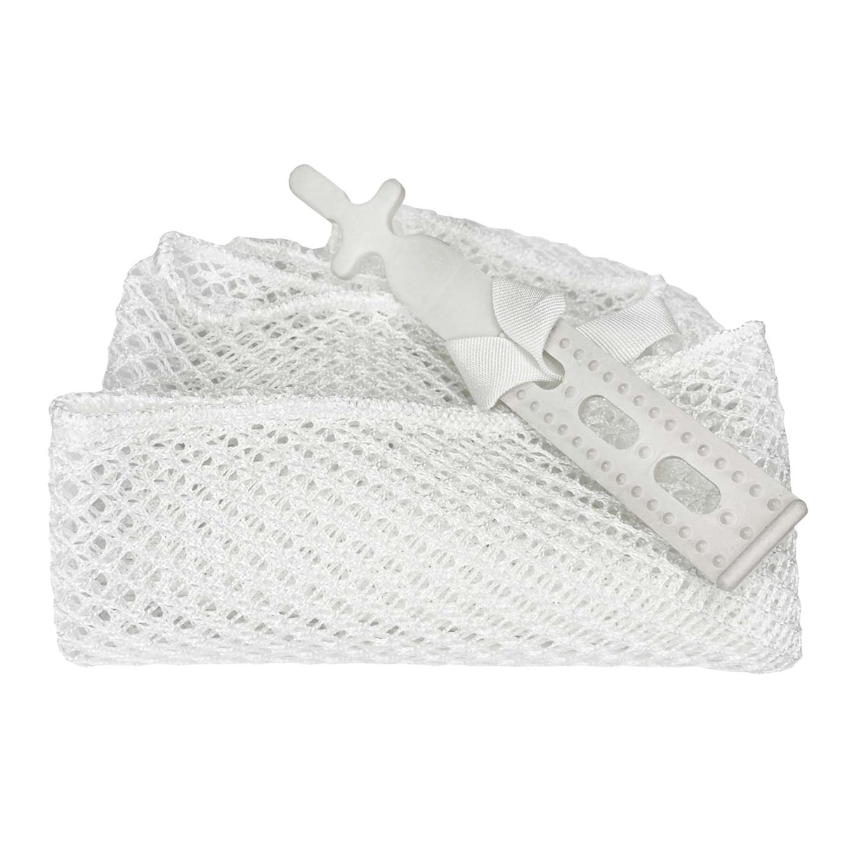 Washing net made of white mesh fabric with white plastic closure