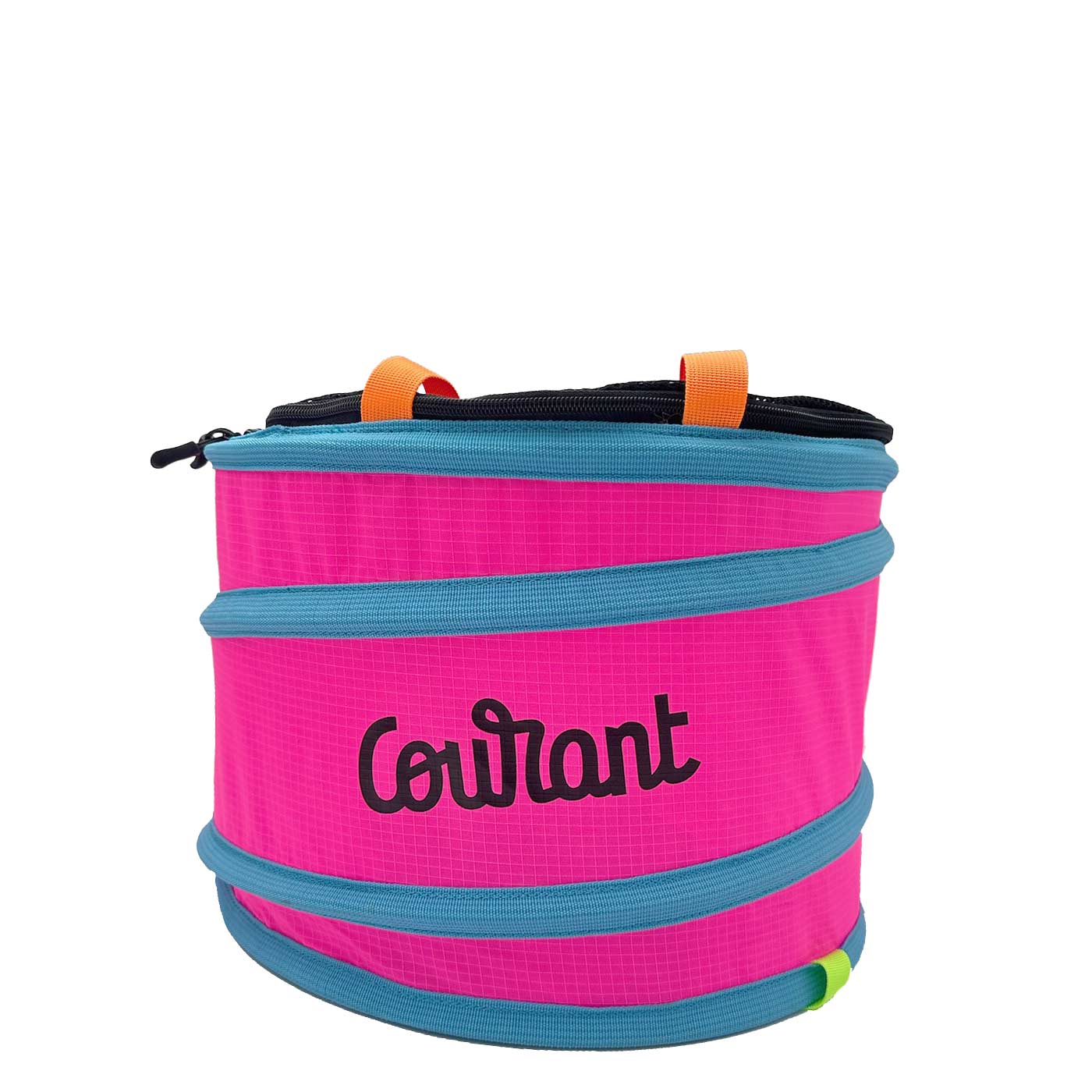 Pelican M, pink round container with blue edges and orange carrying loops, the word "Courant" in black lettering on the front