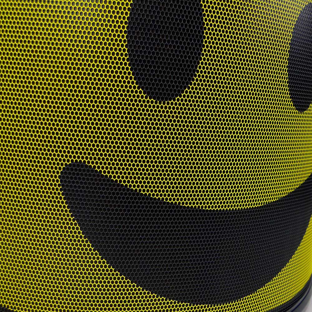 Close-up of PROTOS® visor Arbormoji with yellow background and black smiling face made of mesh material