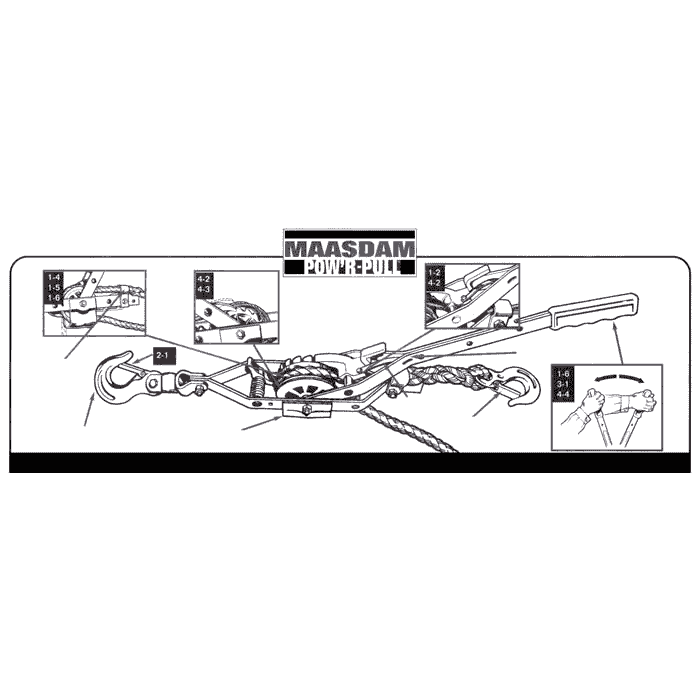 Black and white technical drawing of a rope puller with the inscription "MAASDAM POWER PULL" and several detailed views of hooks, levers and rope ends