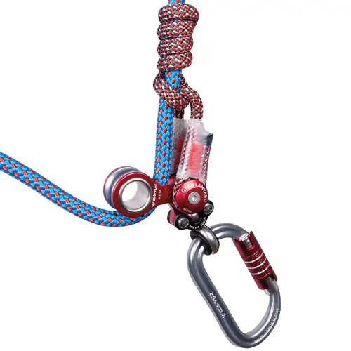 Gyro Lanyard Single, Closeup of Red Metal Parts with Carabiner, Blue and Red Rope and Knot