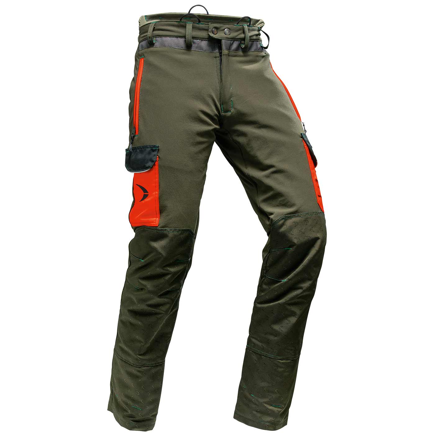 Arborist Slim Fit Work Pants in Olive Green with Orange Pockets and Reinforced Knees, Front View