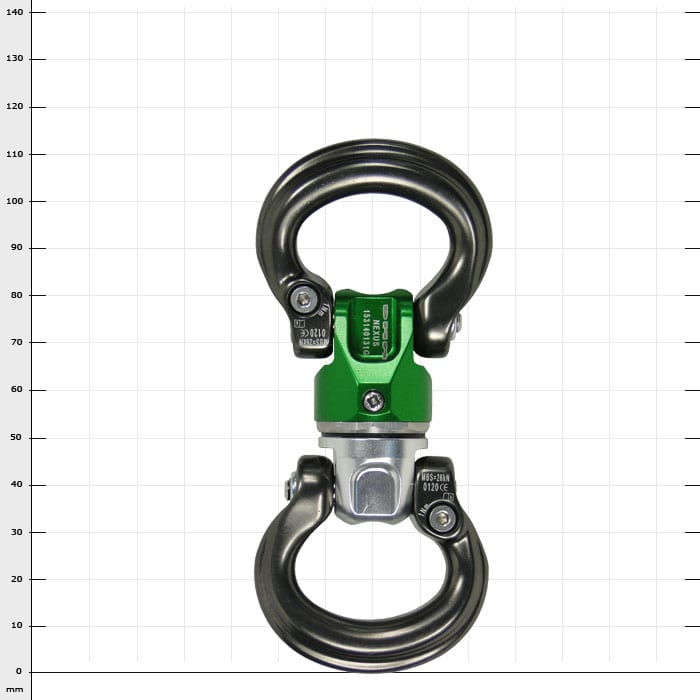 Mini-Swivel Nexus 3, green metal part with two large black metal eyelets, product name visible