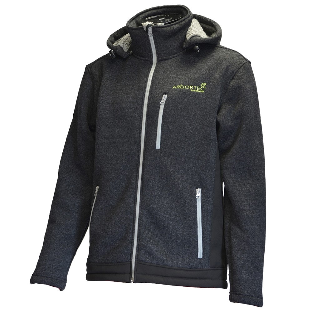 Dark grey Yeti jacket by Arbortech with zippers on the front and a hood, green Arbortech logo on the front right
