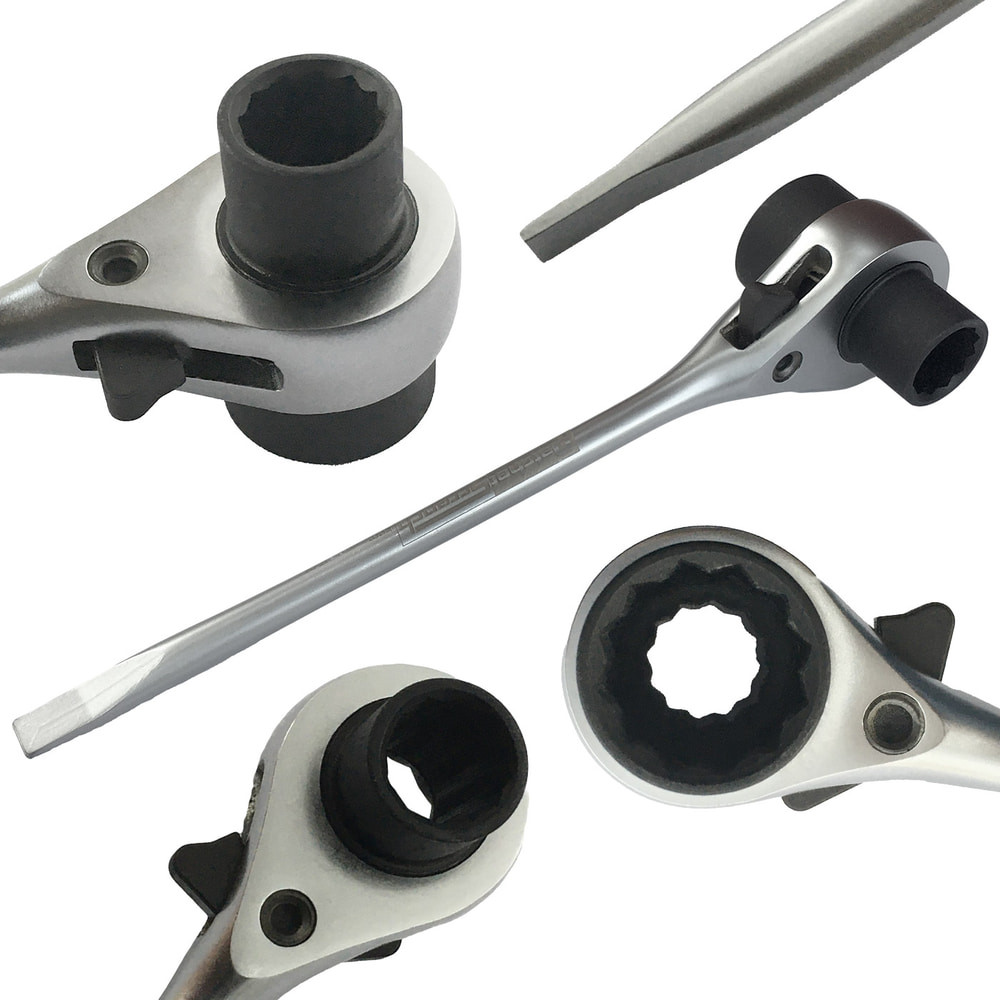 Four detail views of the RatchetScrench ratchet wrench, showing the black cylindrical head, flat screwdriver and lever in different positions.