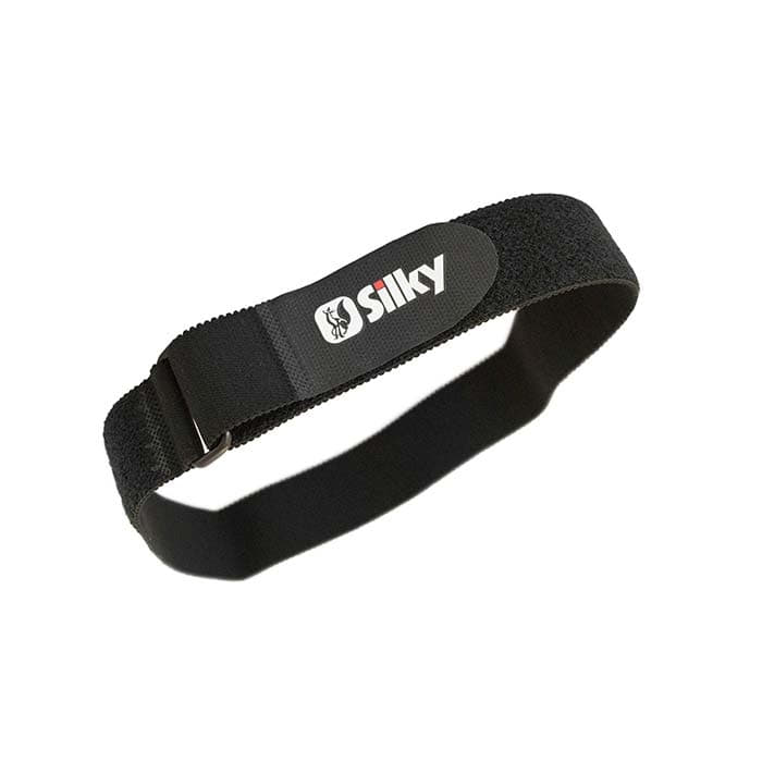 Black silky leg straps with Silky logo on a rectangular fabric label