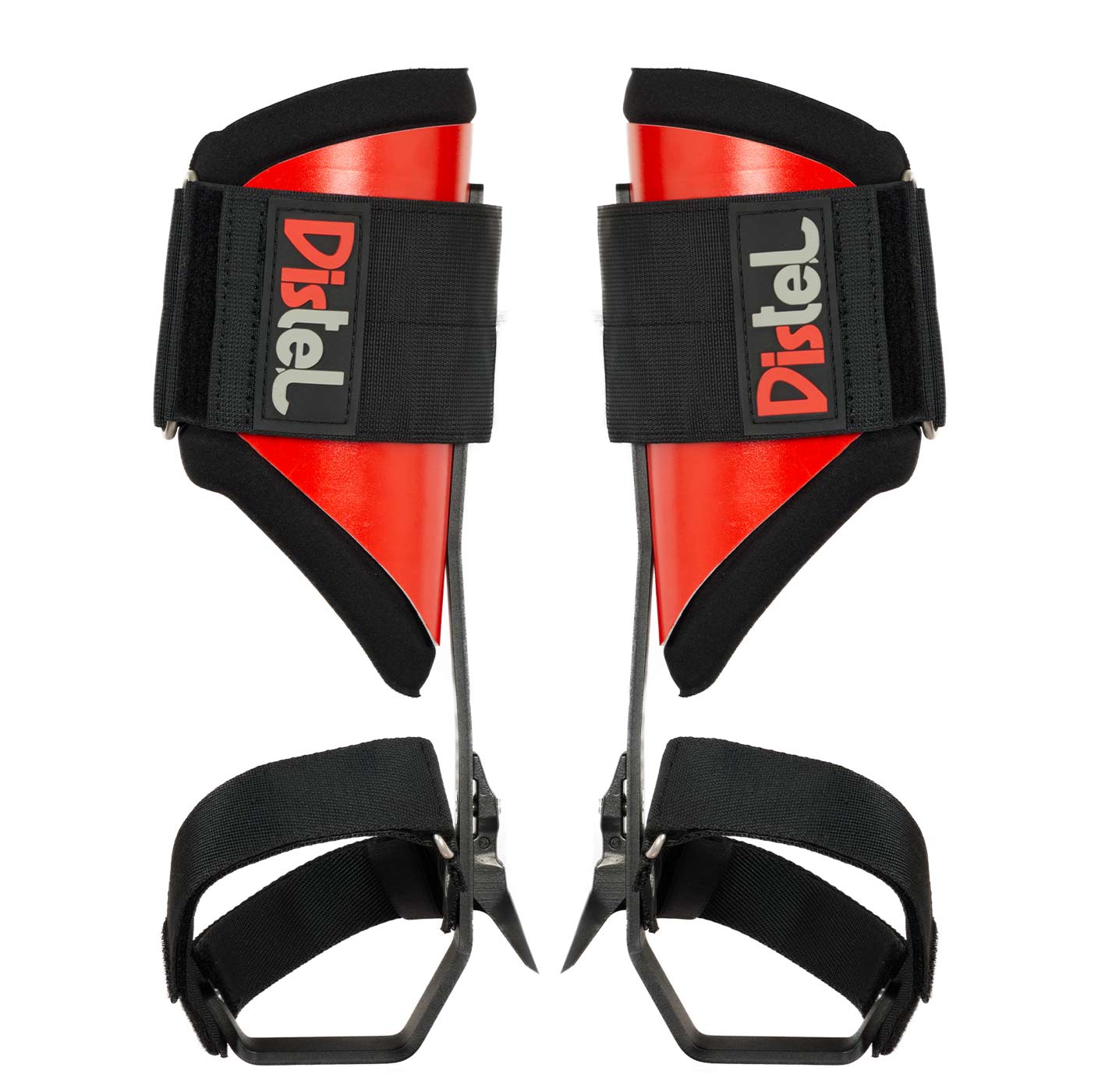 Thistle Steel Velcro by Distel, two red and black steel spurs with Velcro closure and black straps