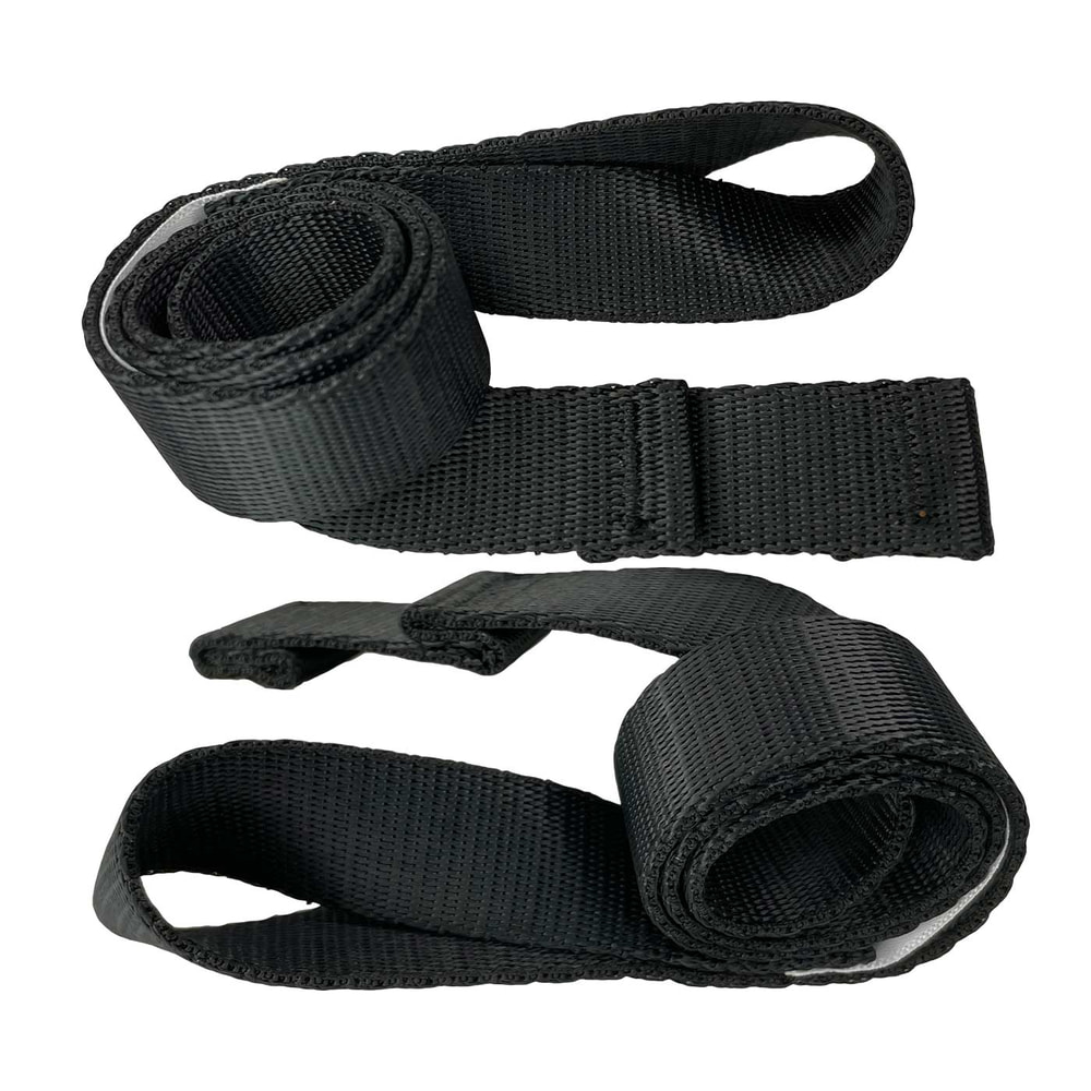 Black rolled webbing straps with no visible manufacturer or product name, product name TreeRex Leg Loops