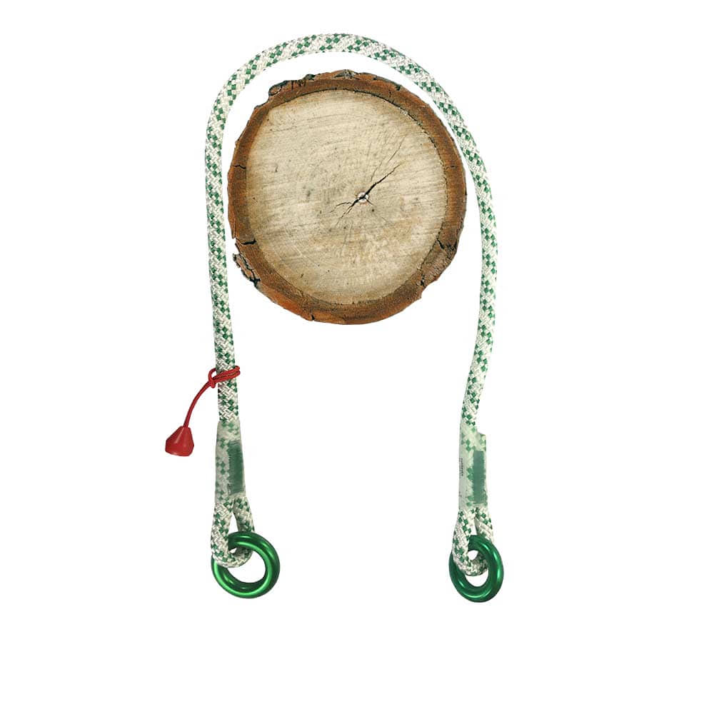 multiSAVER rope with green metal rings at both ends and a red stopper at one end, placed around a round wooden disc section