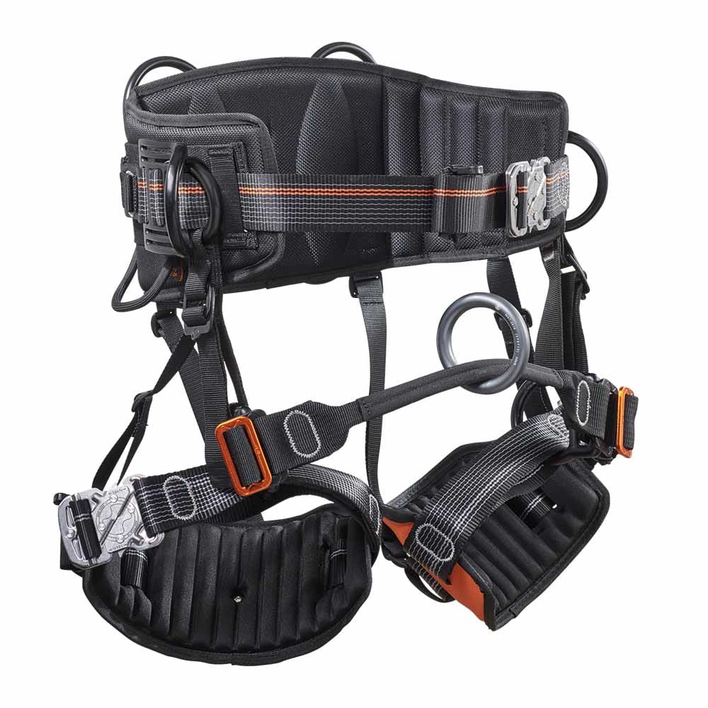 Ignite Arb climbing harness in black with orange details, padded waist belt and leg loops, metal clasps and multiple fastening rings