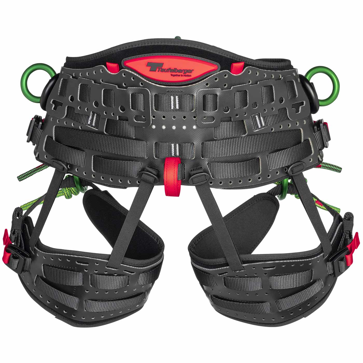 treeMOTION Essential X tree climbing harness by Teufelberger in black with red details and green metal rings, rear view