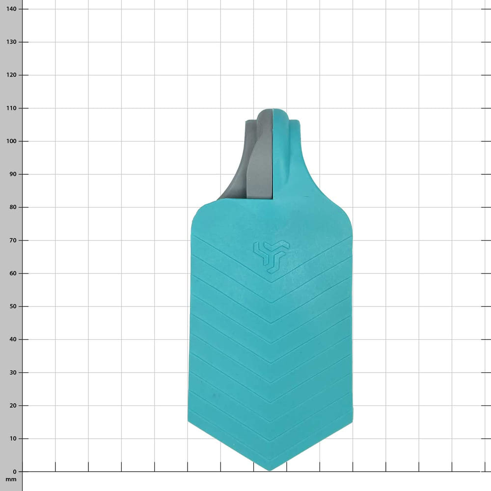 Dual wedge in turquoise and grey, wedge-shaped product from above with grid dimension in the background