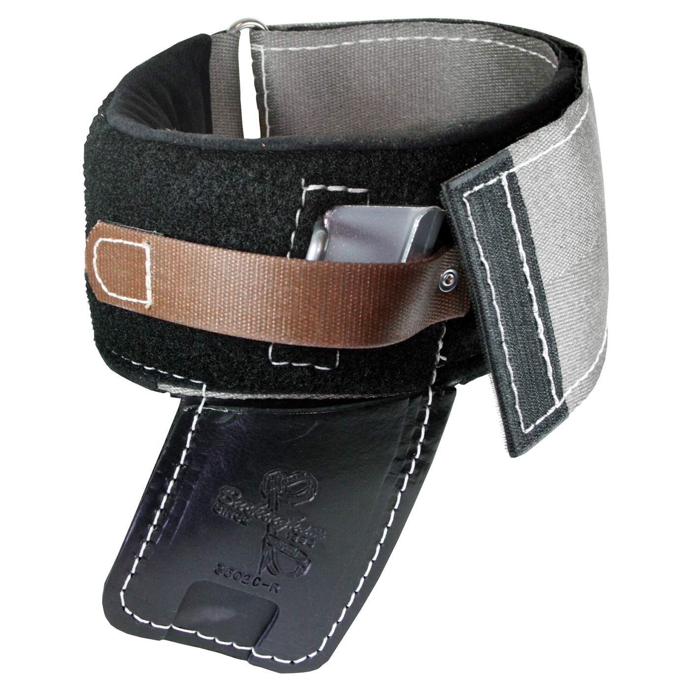 Wrap Pads Steel, crampon pads, a padded, black and gray band with brown strap and black leather part with white stitching