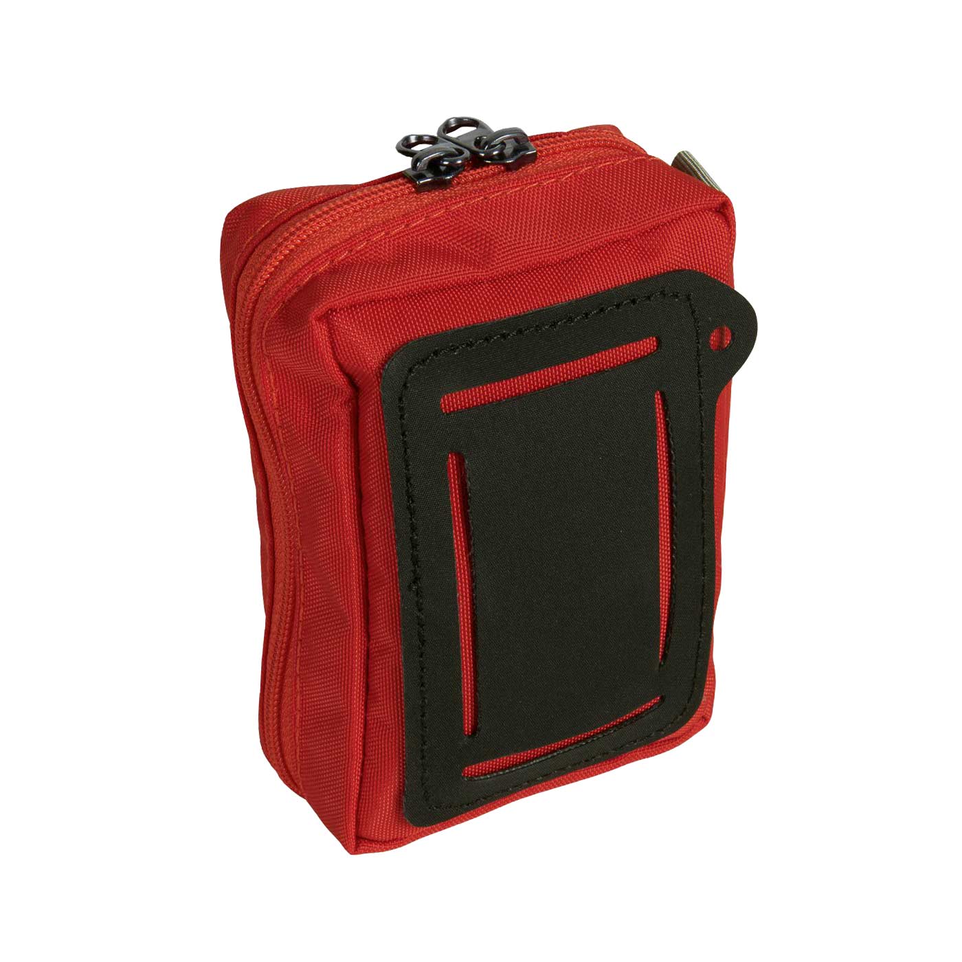 Back of the red Tatonka First Aid XS first aid kit with black attachment panel and zipper top