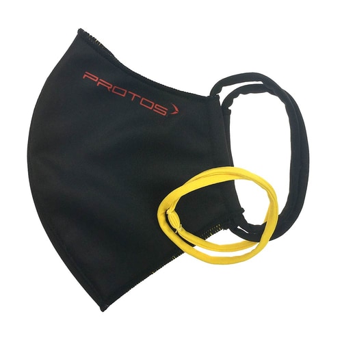 PFANNER® reversible mask black with red PROTOS logo, black elastic band and two additional yellow elastic bands