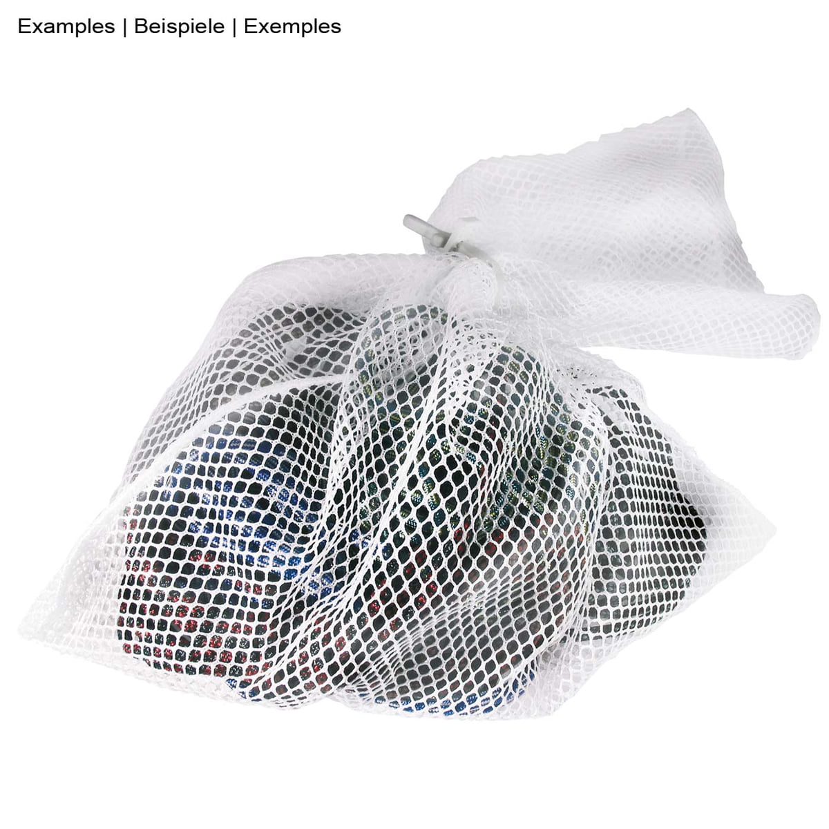 White mesh wash net with drawstring, filled with colorful garments