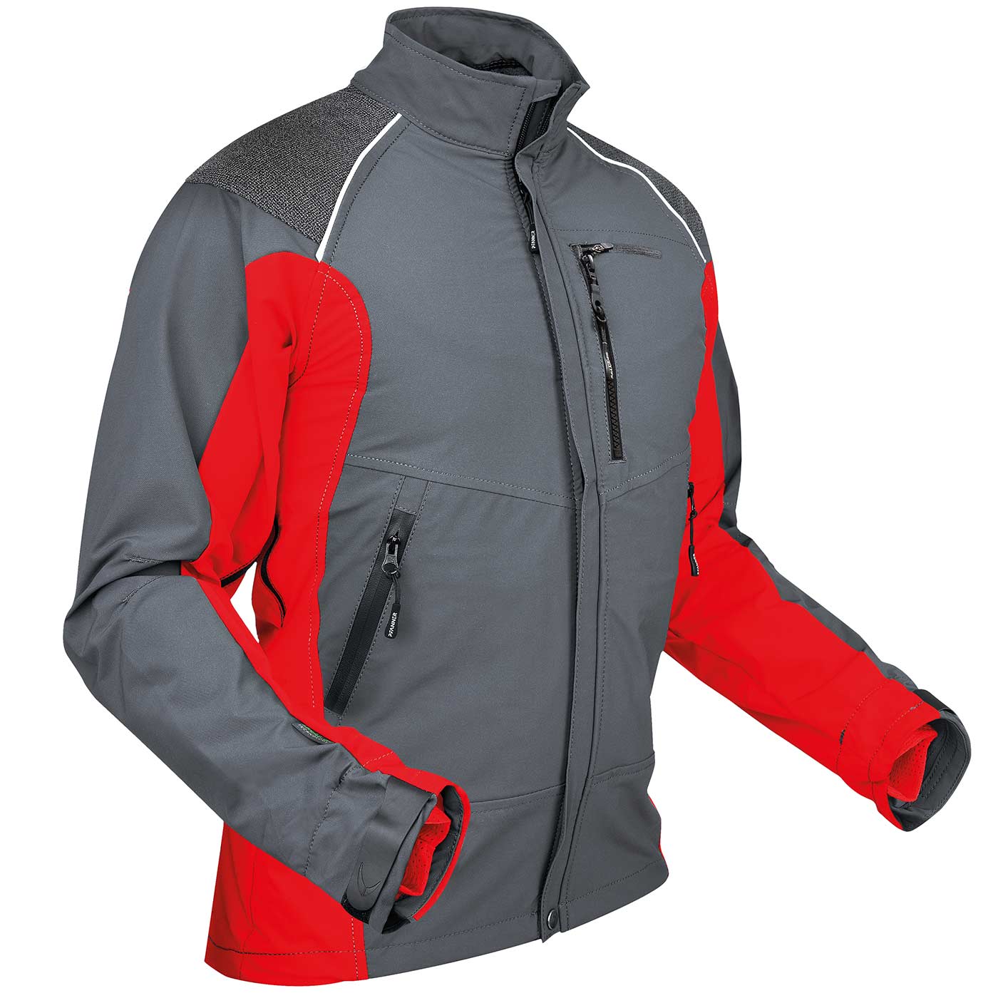 Ventilation jacket in grey and red with zipped pockets and high collar