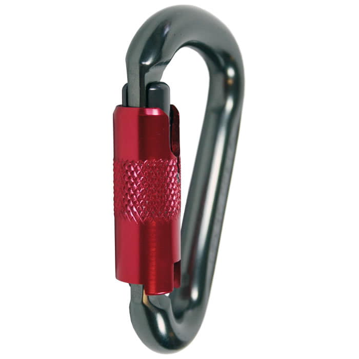 Close-up of the red screw cap on the silver Mighty-Mouse snap hook, manufacturer not visible