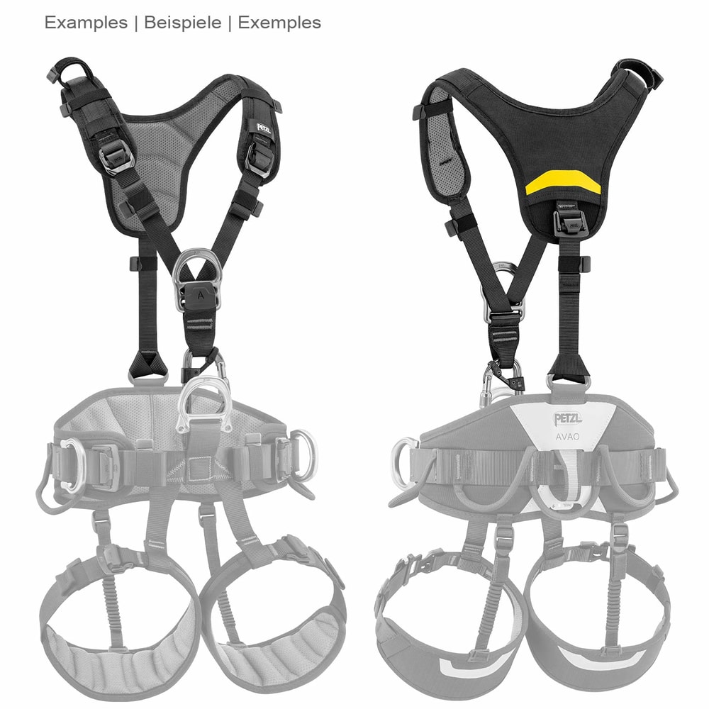 Top by Petzl, two views of the black shoulder strap with grey and yellow padded backrest, in the background shown in grey a complete climbing harness with leg and hip straps