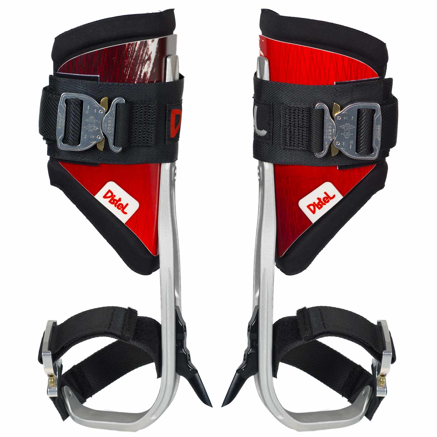 Distel Alu 3.1 Click from Distel, two red aluminium tools with black padding and black straps with metal buckles, rear view