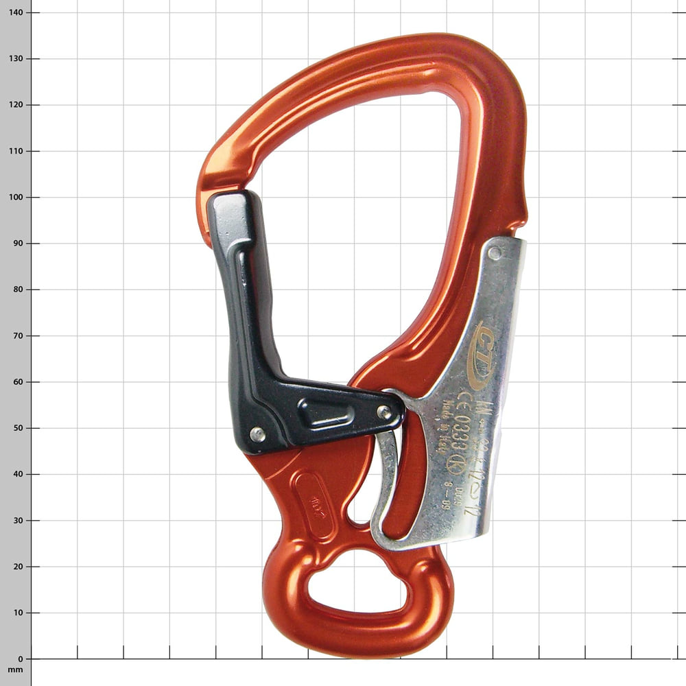 Ferrata DSG Snap Hook in Orange with Black Safety Clasp and Silver Metal Part with Engraving