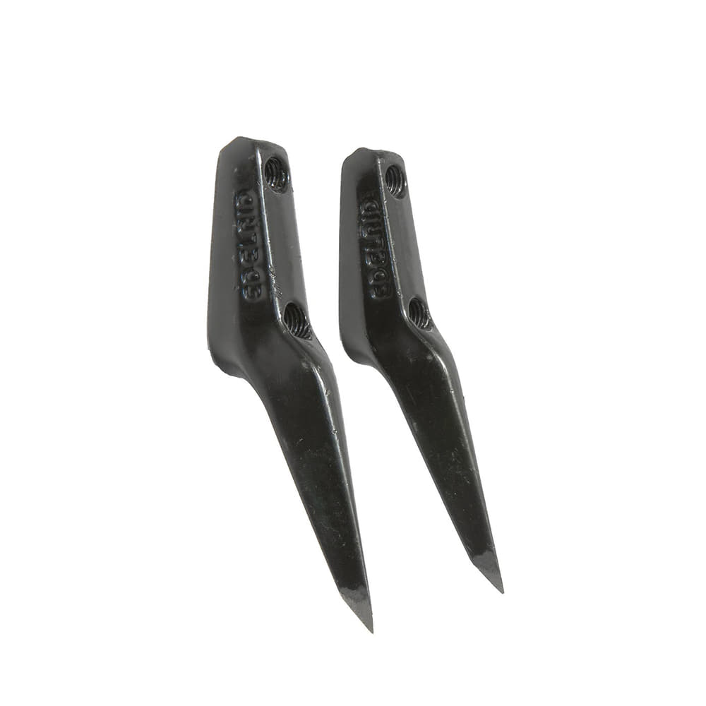 Two black Talon spikes L made of metal with a tapered end and two screw holes.
