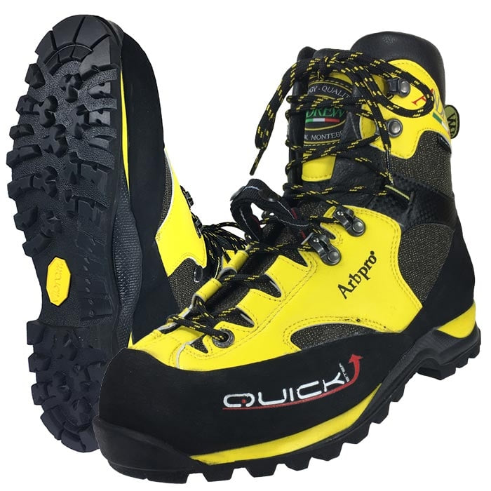 Quickstep Boot EZloop by Arbpro, yellow and black mountain boot with treaded sole and laces