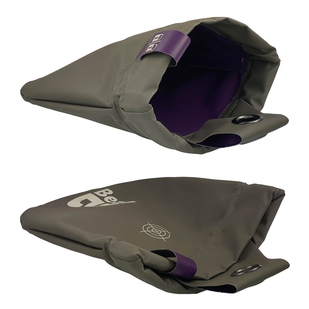 Beal Genius 2 grey bag opened from the top, purple inside, with purple closure strap and white logo on the front, with target motif