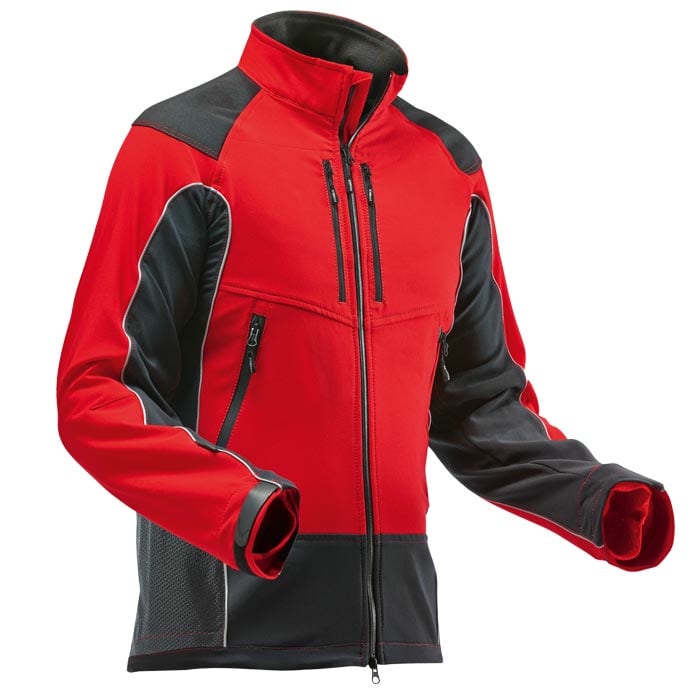Arborist jacket in red and black, front view with zippers and high collar