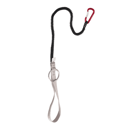 Sawer with black elastic rope, grey webbing with metal ring and red snap hook