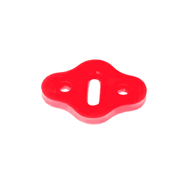 Pinch red plastic part with three holes and an elongated recess in the middle