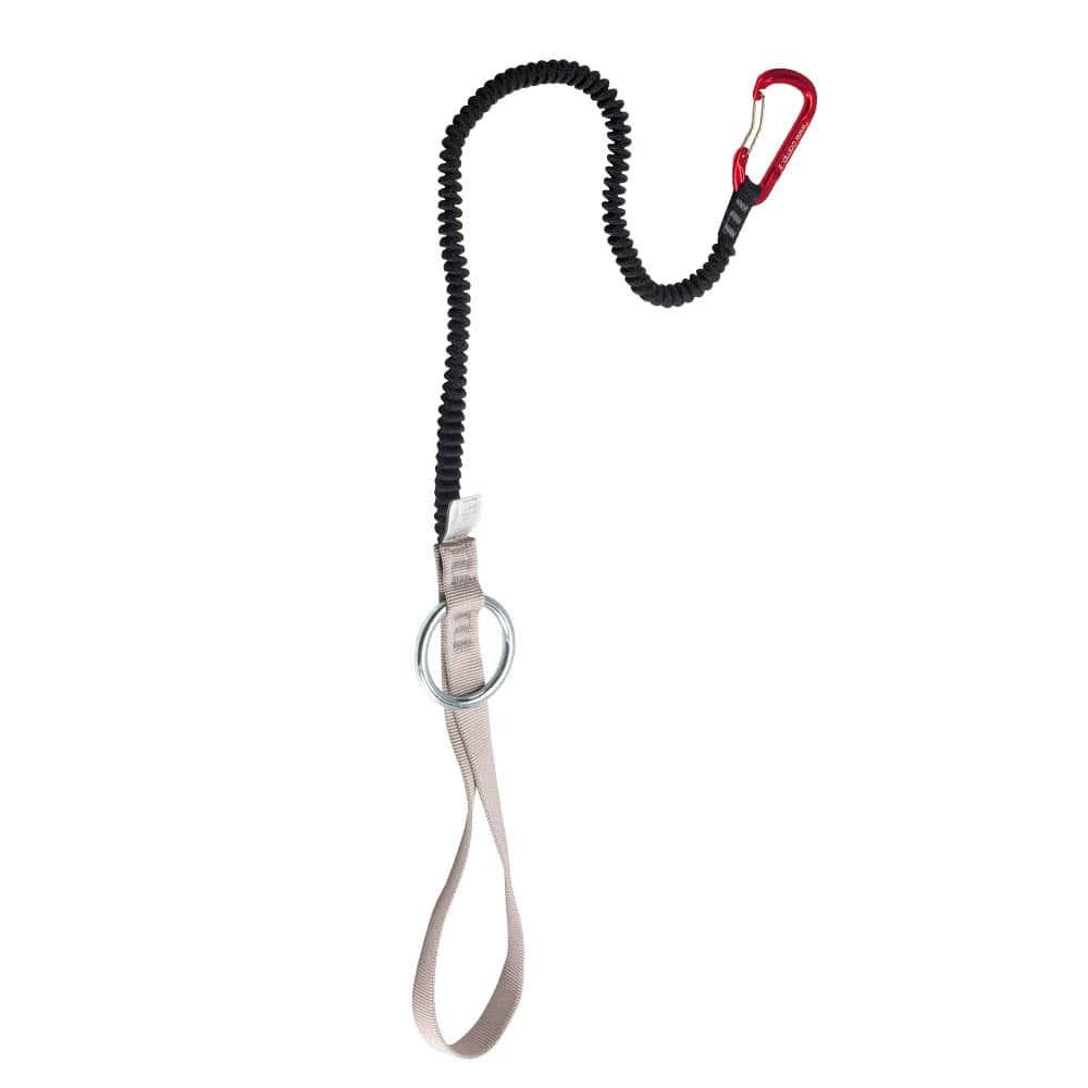 Sawer with black elastic rope, grey webbing with metal ring and red snap hook