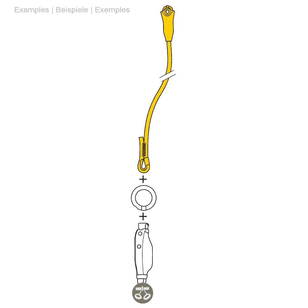 Drawing of a yellow belay device with rope, a ring and another part underneath, inscription in English, German and French Jane-I