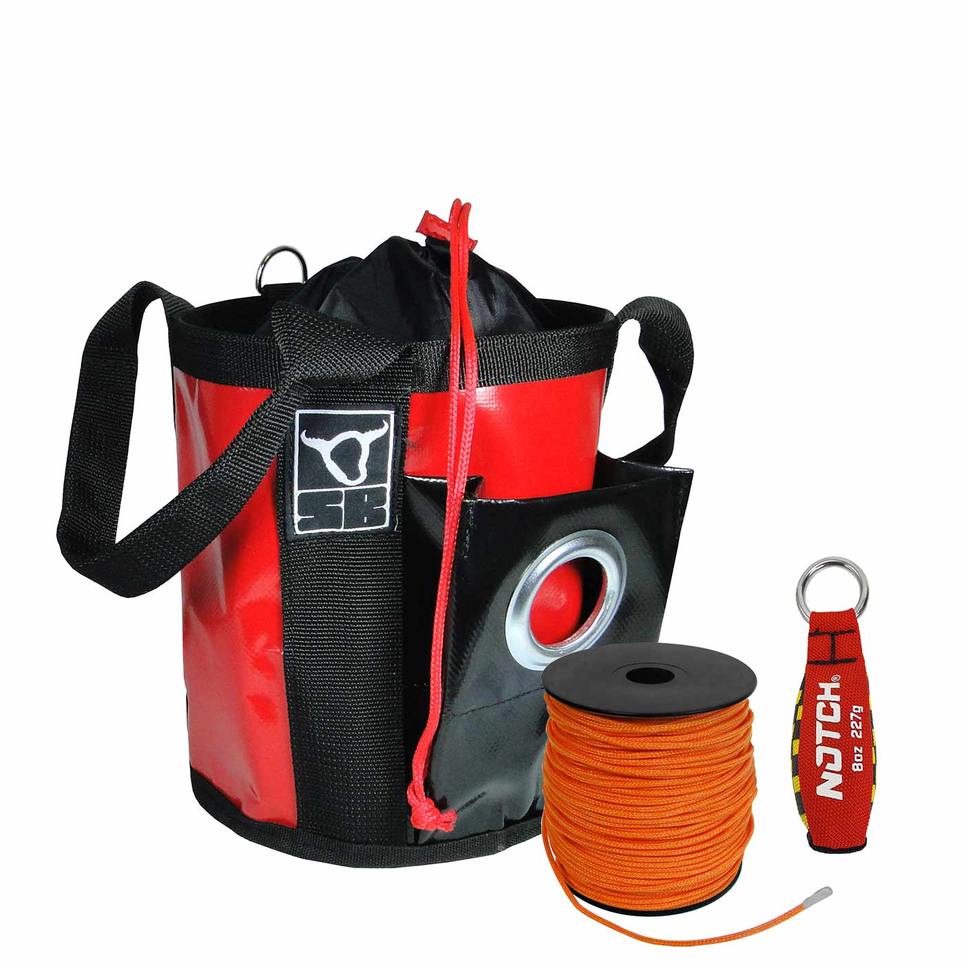 Mini Fly Set with red and black rope bag with carrying handle, a roll of orange rope and a red notch weight with metal ring