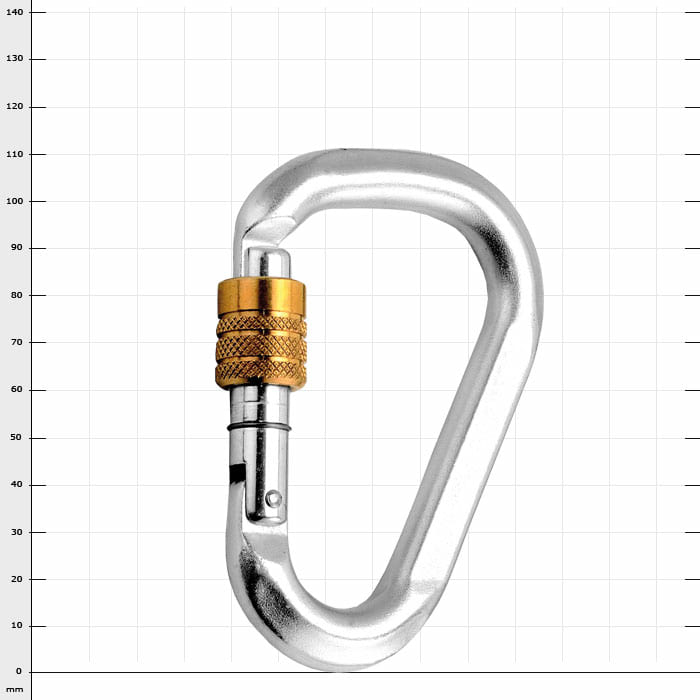 HMS-Steel Screw carabiner made of steel with silver surface and gold-coloured screw cap