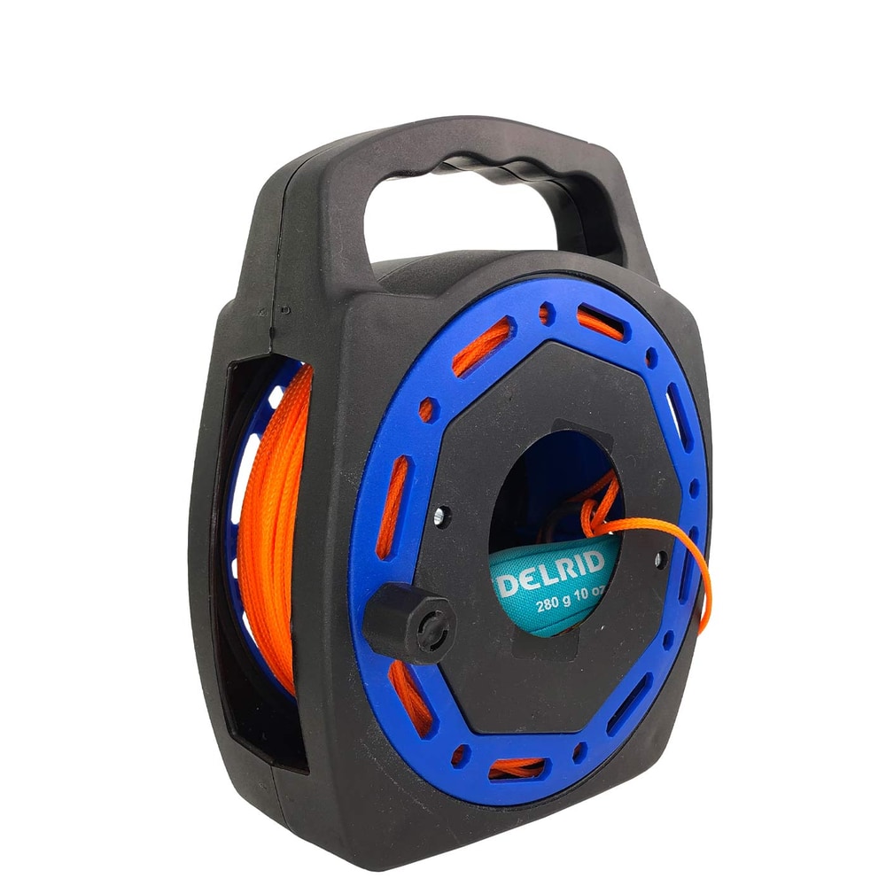 Winder Fly, black and blue spool with orange cord and black handle, manufacturer's name not visible