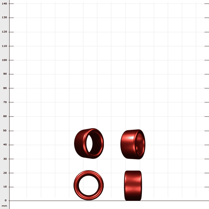 TurnBase DistanceTube, four red cylindrical rings from different perspectives on white background with millimeter scale