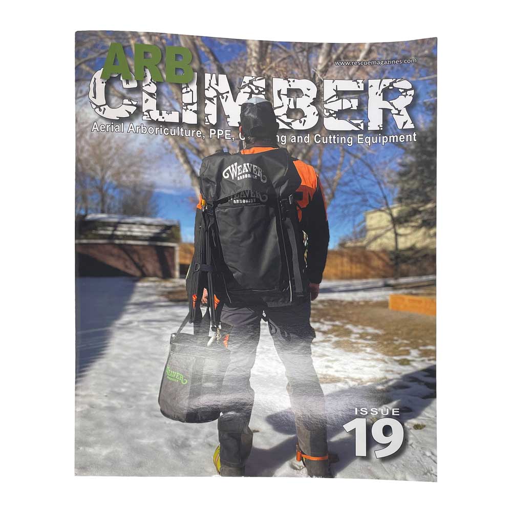 Arb Climber No. 19 magazine shows a person from behind with a black backpack and tool bag in the snow, title "ARB CLIMBER" and issue 19 visible