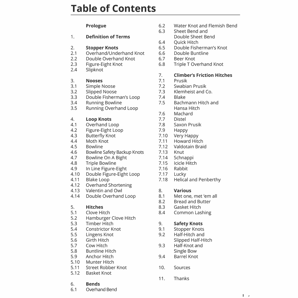 Black and white table of contents page from the Tree Climber's Knotbook with chapters and subchapters on different knot types and techniques