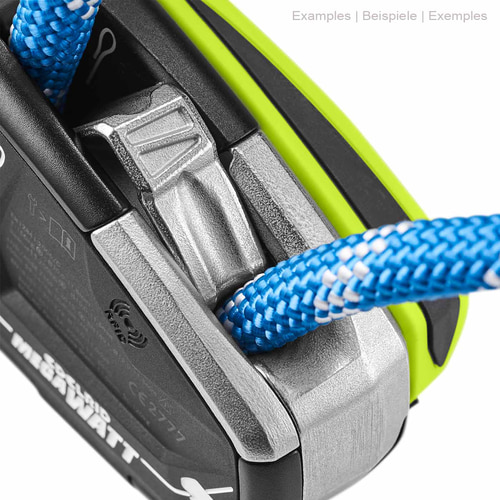 Close-up of Edelrid Megawatt belay device with blue rope inserted into a metal clip