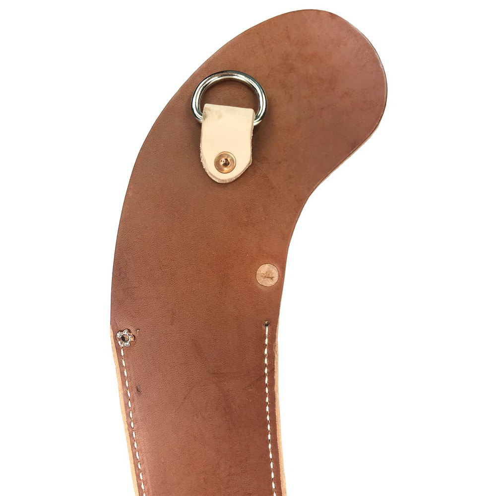 Detail of the KR leather holster with metal ring on a light leather strap and brown leather with white stitching