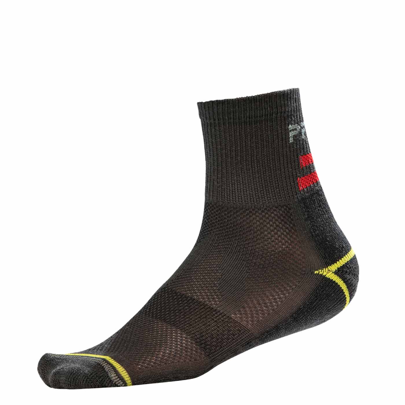 Black sock with yellow and red stripes, product name EcoTec Low visible