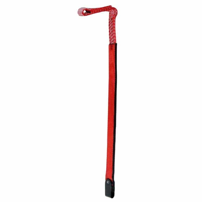 ZipAbsorber 1, red ribbon with black trim and a loop of red white patterned rope at the top