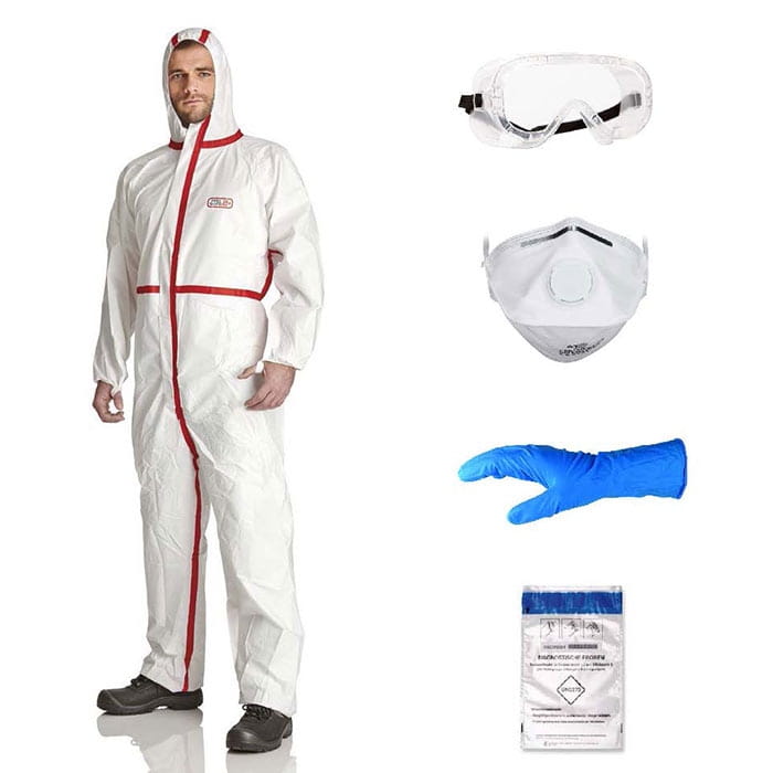 EPS Guard protective suit with red zipper and hood, goggles, breathing mask, blue glove and packaging