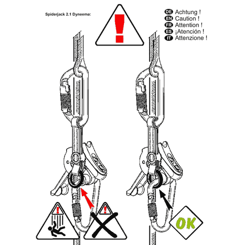 Black and white drawing with two representations of the SpiderJack 2.1 Dyneema, warning symbols and multilingual safety instructions
