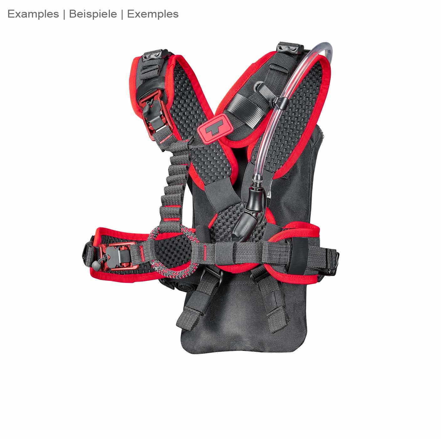 upMOTION SRT, black and red climbing harness with drinking tube and hydration bladder on white background