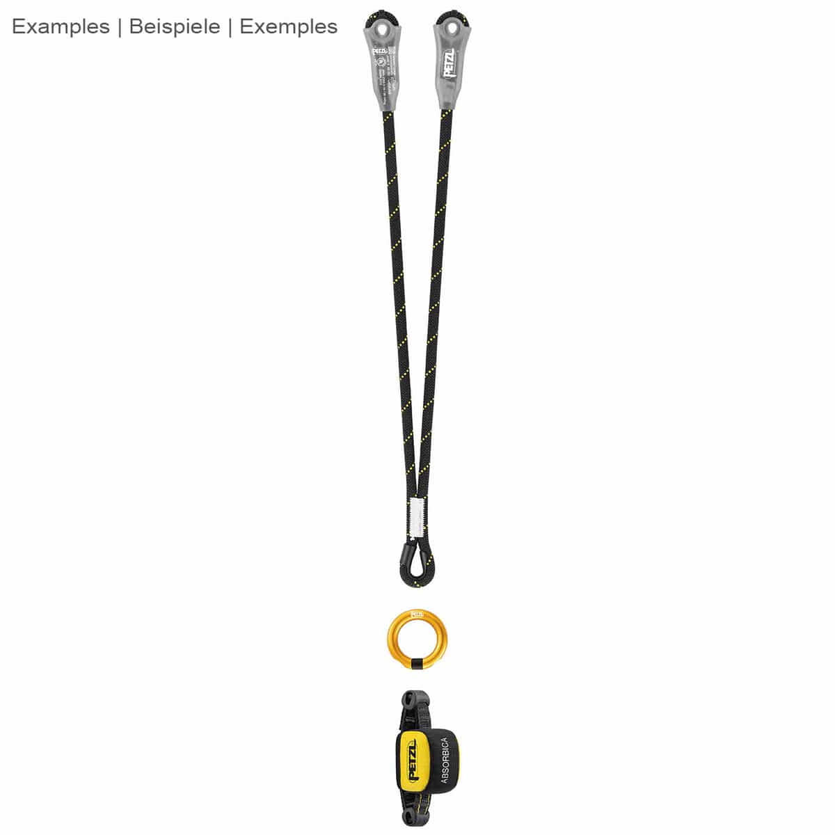 Example illustration with two black and yellow loops, a gold-coloured ring and an Absorbica by Petzl in yellow and black with white lettering
