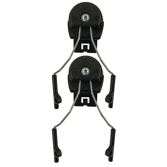 ECC helmet adapter, two black round brackets with metal brackets and plastic ends, on a white background.